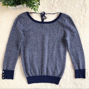 Ivanka Trump blue white knit sweater tie back